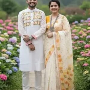 এক্সক্লুসিভ ধুপিয়ান সিল্ক শাড়ি এবং ম্যাচিং পাঞ্জাবি কাপল সেট