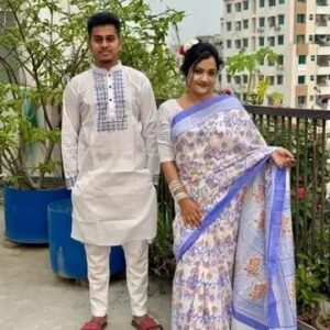 ঐতিহ্যবাহী ব্লক প্রিন্ট ধুপিয়ান সিল্ক কাপল কম্বো আউটফিট